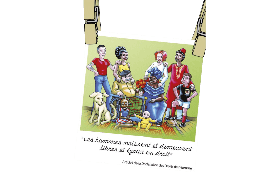 Illustration représentant la diversité des âges, cultures et situations de vie, avec la citation "Les hommes naissent et demeurent libres et égaux en droit"