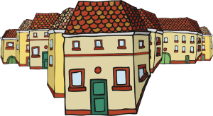 Illustration de maisons alignées avec toits rouges et façades jaunes