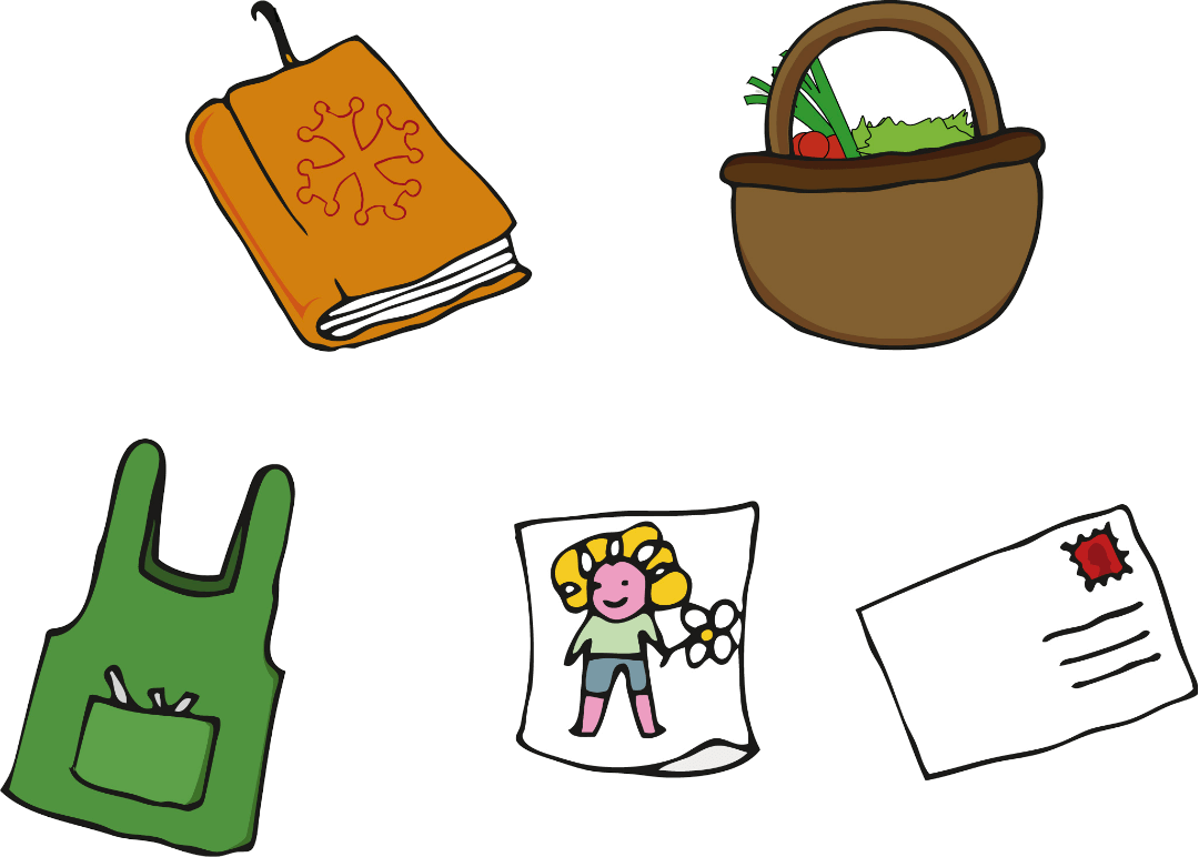 Illustrations colorées de style dessiné : panier de légumes, livre occitan, tablier, dessin d’enfant et lettre