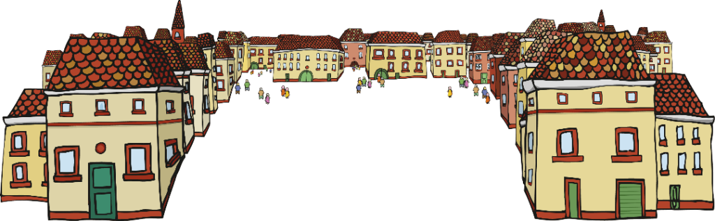 Illustration d’un quartier avec des maisons colorées, représentant un cadre de vie convivial et familial