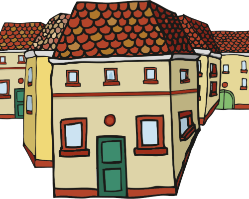 Illustration de maisons alignées avec toits rouges et façades jaunes